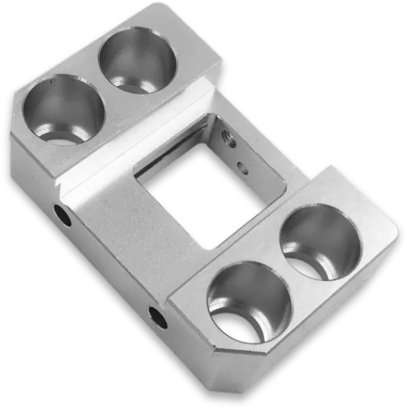 CNC machined aluminum mounting plate with four counterbored holes.