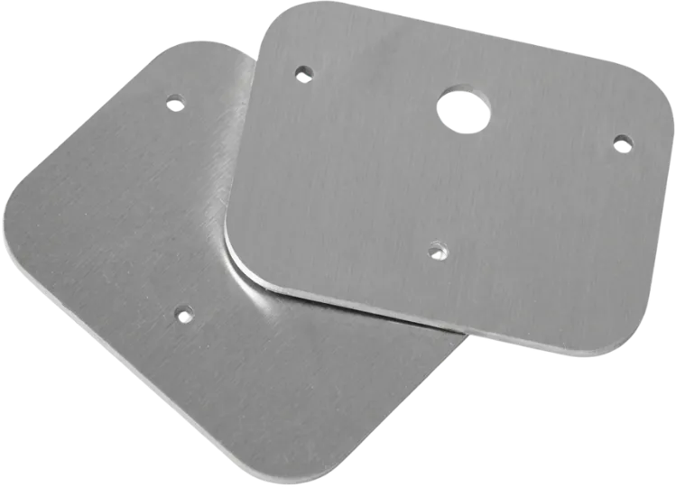 Pair of anodized aluminum plates with a satin cosmetic finish.