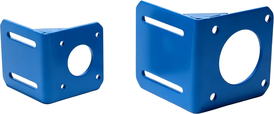 Blue anodized aluminum corner brackets.