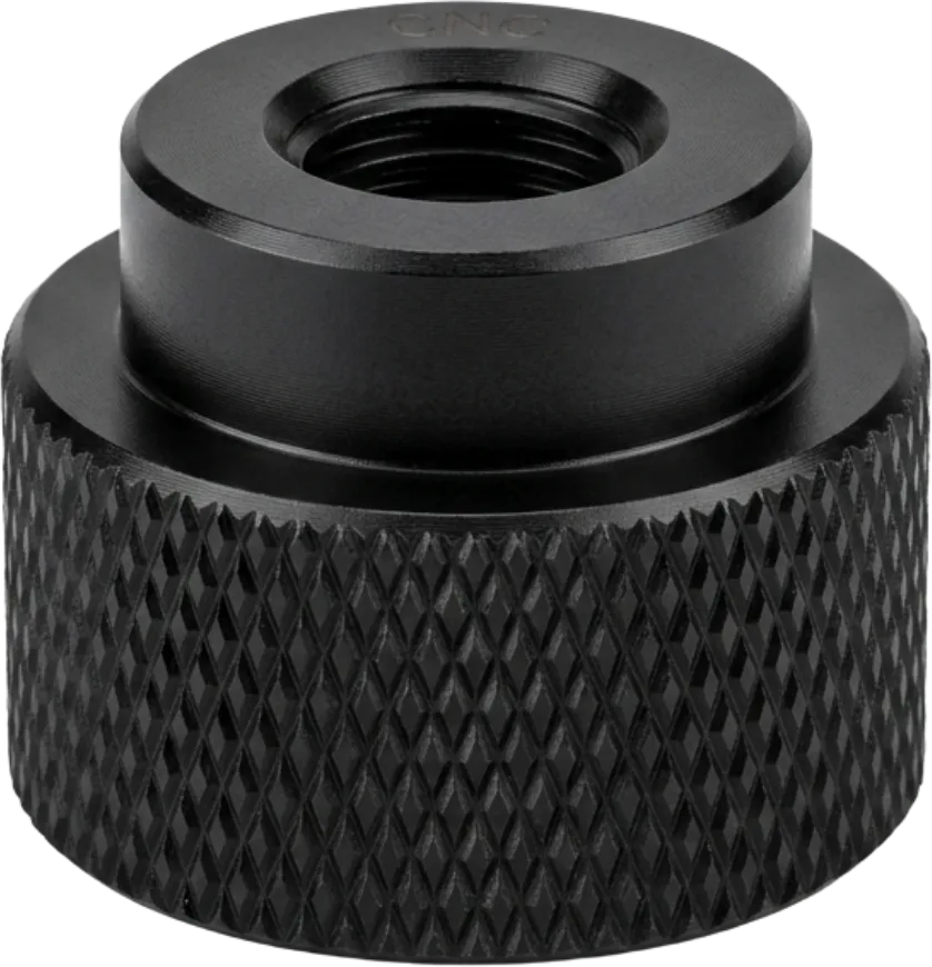 Black anodized aluminum control knob with a knurled grip.