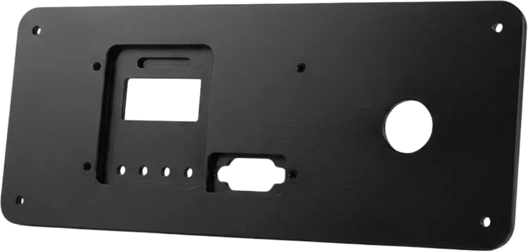 Black anodized aluminum front panel with machined cutouts.