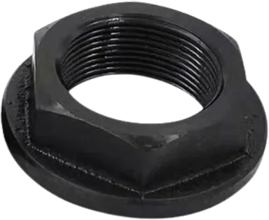 Black oxide finished carbon steel flange nut.
