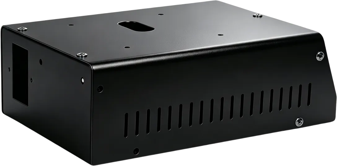 Black powder coated sheet metal enclosure with ventilation slots.