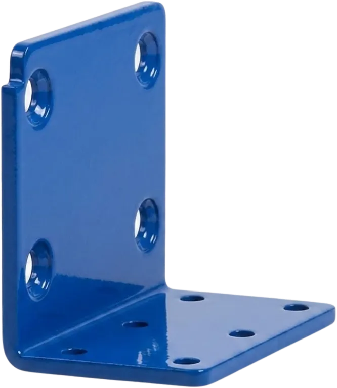 Blue powder coated steel equipment bracket.