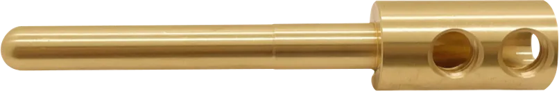 CNC machined brass contact pin with a cross-drilled body.