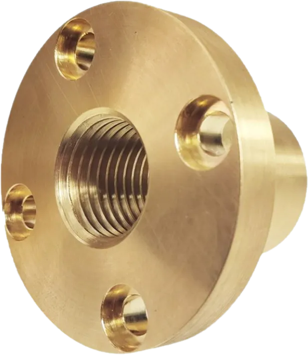 CNC machined brass flanged fitting with threaded bore.