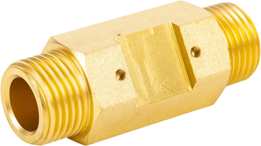 C360 free-cutting brass inline fitting body with threaded ends and a wrench flat.
