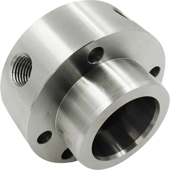 CNC machined carbon steel coupling with a bored hub.