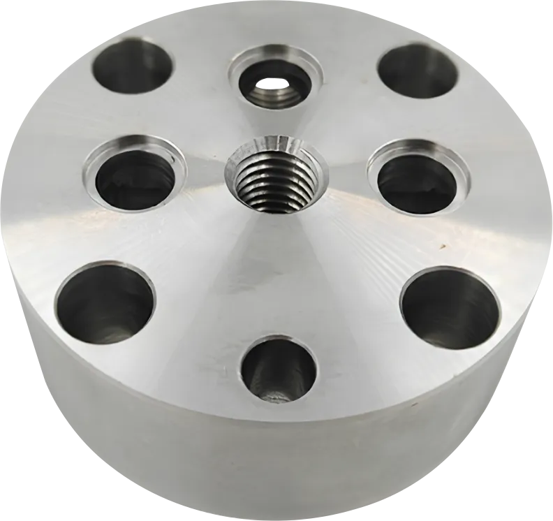 CNC machined carbon steel flange disc with a bolt pattern.