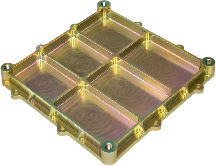 Chromate conversion coated aluminum chassis plate with a gold iridescent finish.