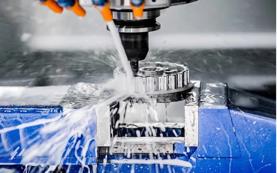 3, 4, and 5-axis CNC milling of a complex-contour metal component under coolant.