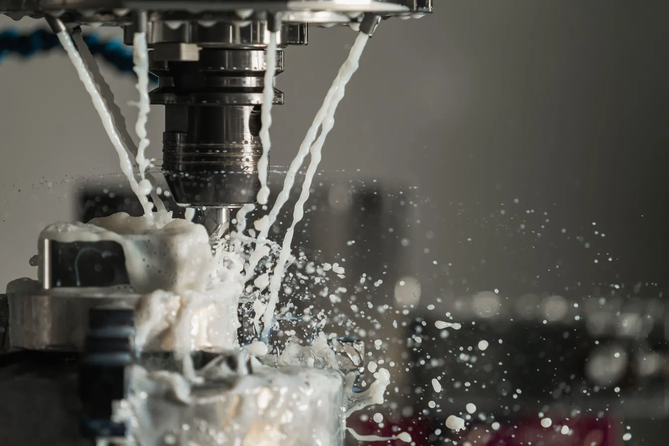 A CNC milling operation running under flood coolant.
