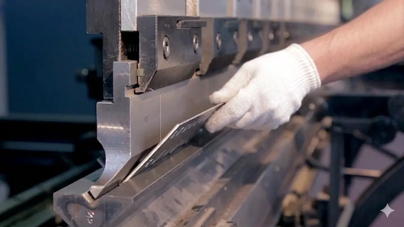 Operator forming a sheet metal part on a CNC press brake.