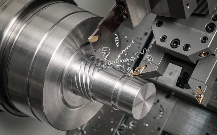 CNC turning of a cylindrical metal component on a lathe chuck.