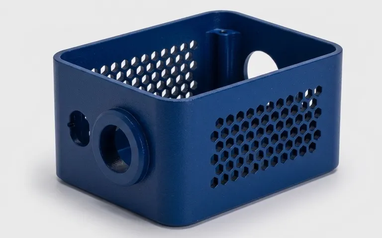 Blue powder coated perforated sheet metal housing.
