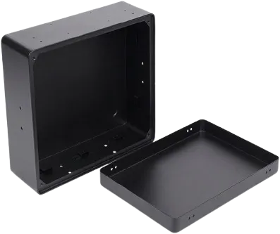 Custom industrial sheet metal enclosures with black powder-coated finish.