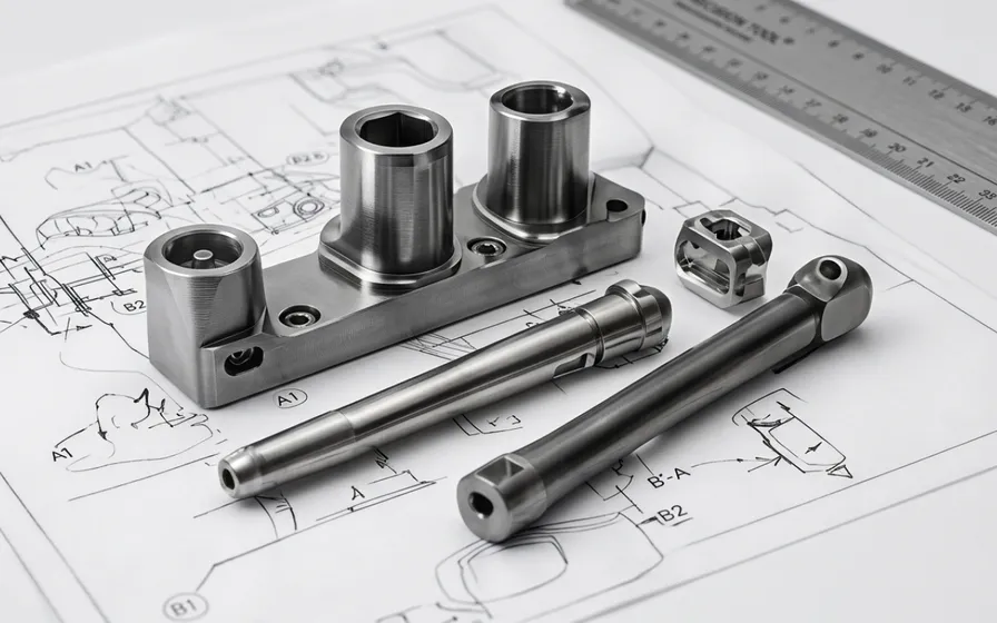 CNC machined parts laid over a technical drawing during a design for manufacturability review.