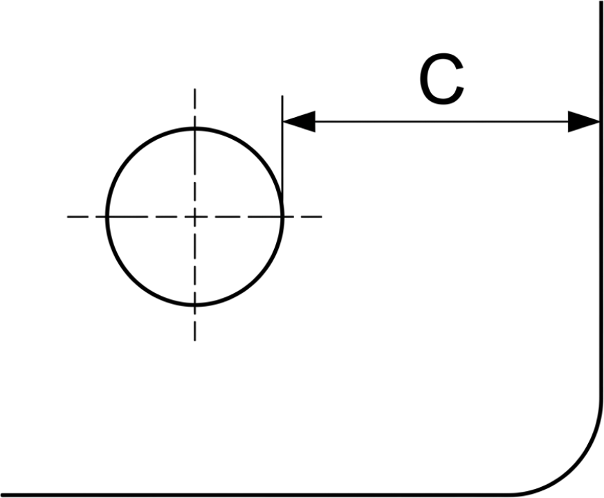 Diagram showing clearance C from a mounting-hole centerline to the sheet edge and an adjacent bend.