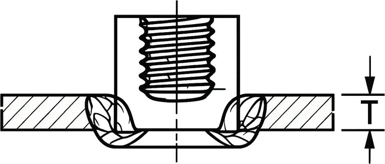 Cross-section diagram of a self-clinching nut installed in sheet metal of thickness T.