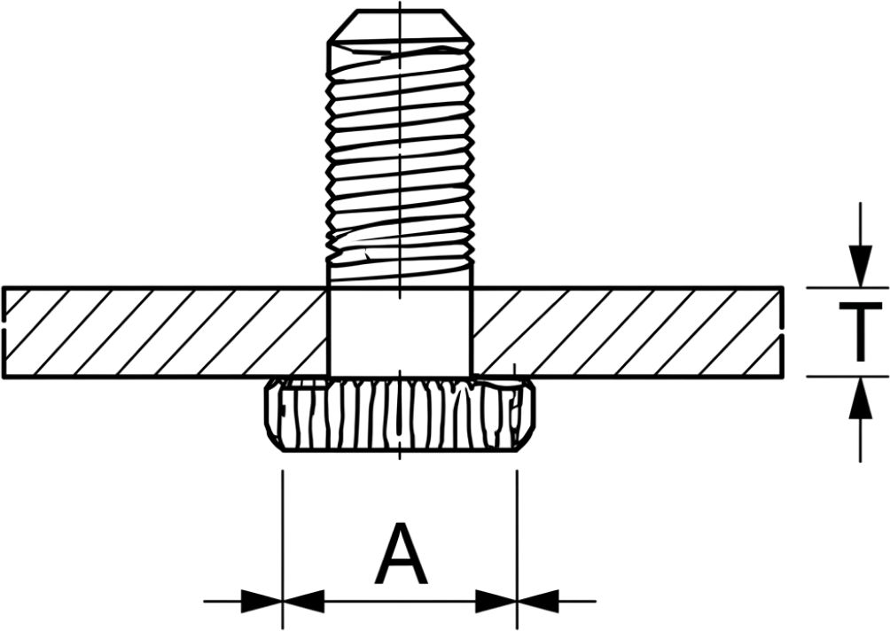 Cross-section diagram of a self-clinching stud installed in sheet metal, with dimensions A and T.