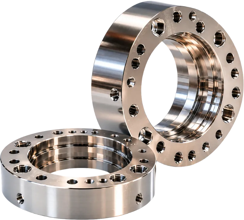 Electroless nickel plated machined flanges with a uniform satin finish.