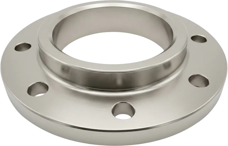 Electroless nickel plated steel flange with a uniform satin finish.
