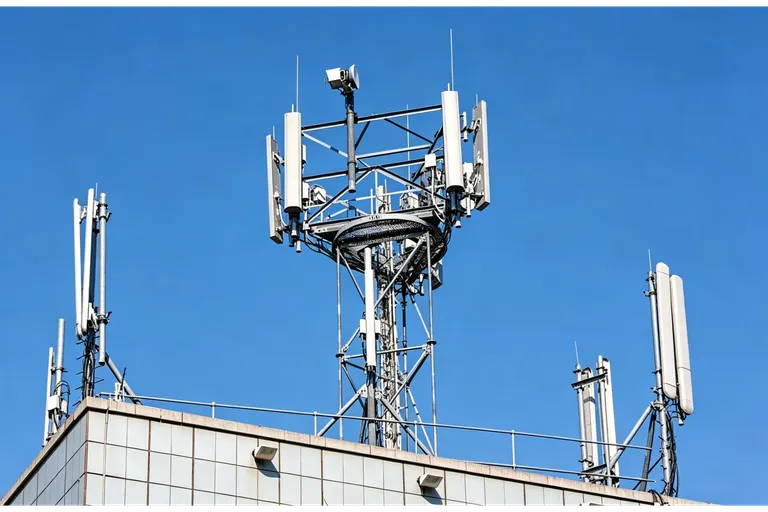 Telecommunications tower carrying antenna hardware.