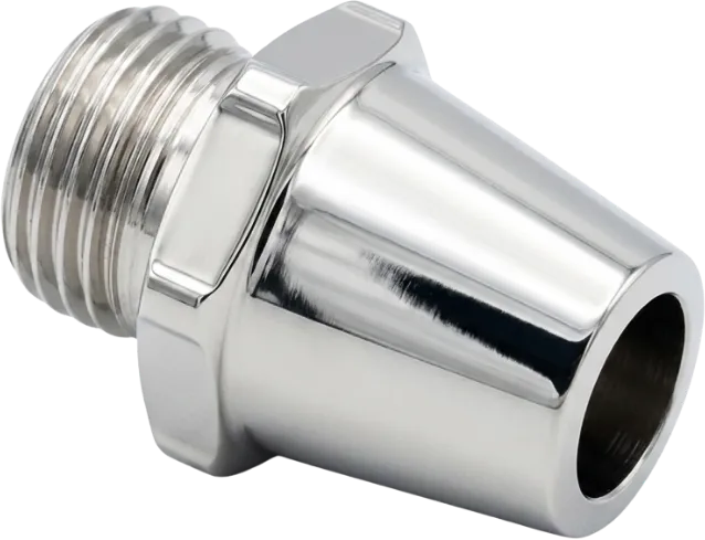 Electropolished stainless steel machined fitting with a bright mirror surface.