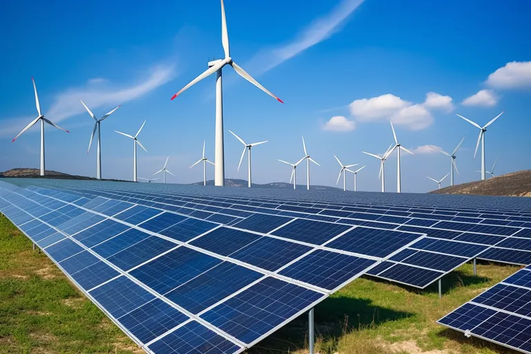 Wind turbines and solar panels in a renewable energy installation.
