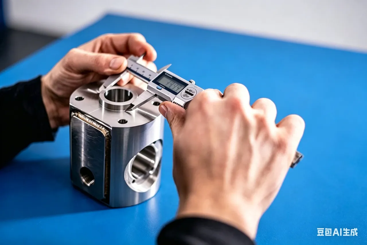 Engineer measuring a machined component during inspection review.