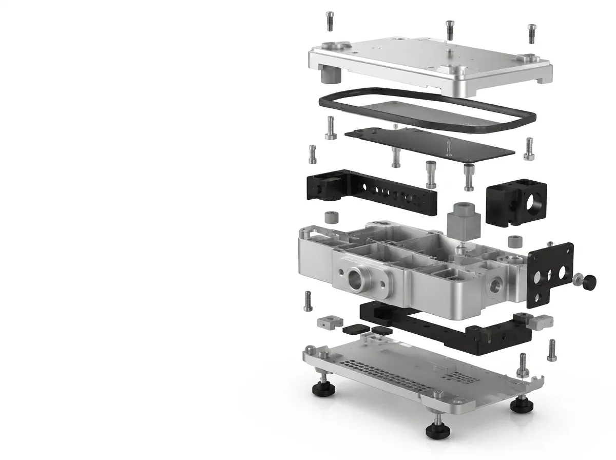 Exploded view of a machined enclosure sub-assembly showing plates, gaskets, brackets, and fasteners.