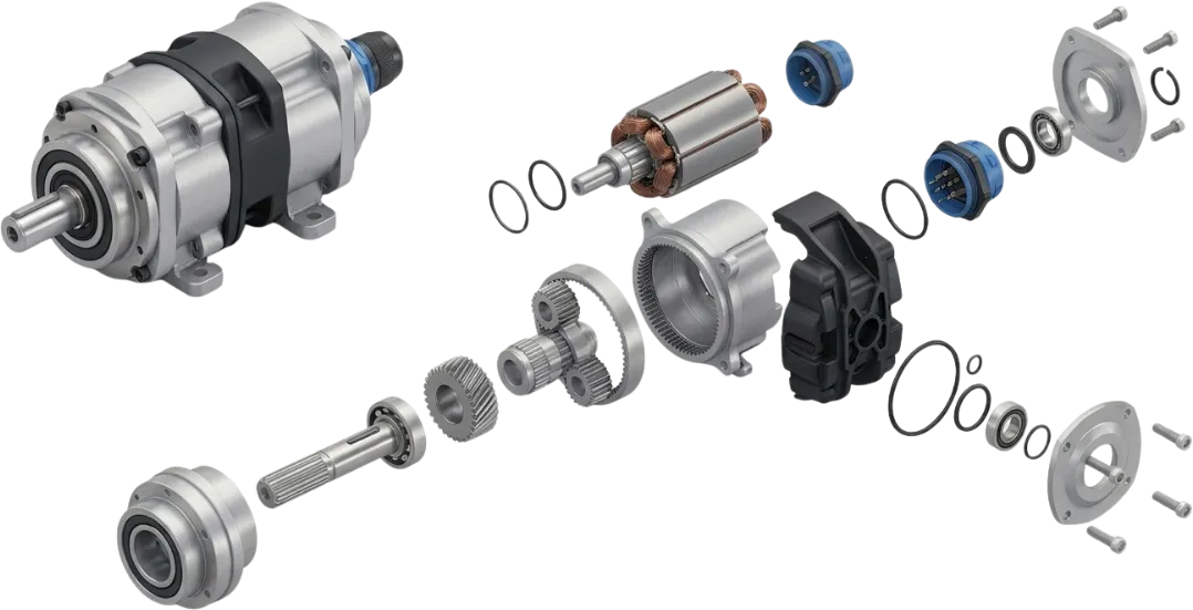 Exploded view of a mechanical sub-assembly showing machined components and hardware.