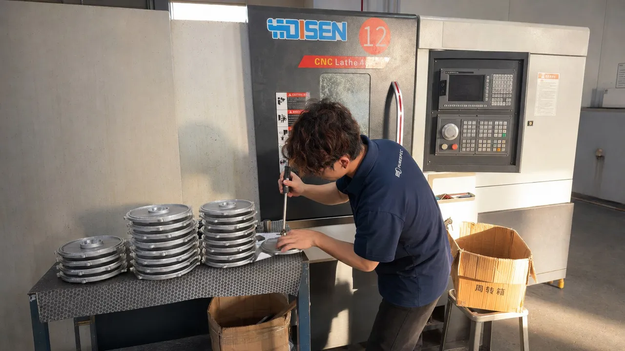 Operator measuring machined aluminum covers at a CNC lathe during production.
