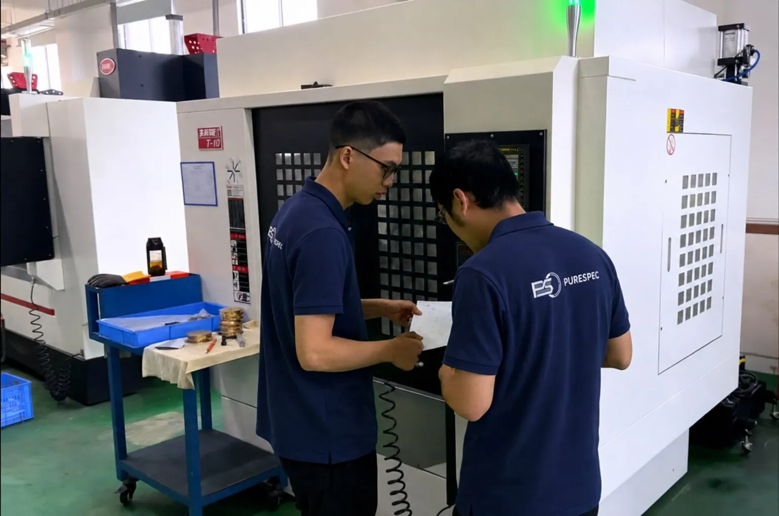 Two PURESPEC engineers checking a job against the work instructions at a machining centre.