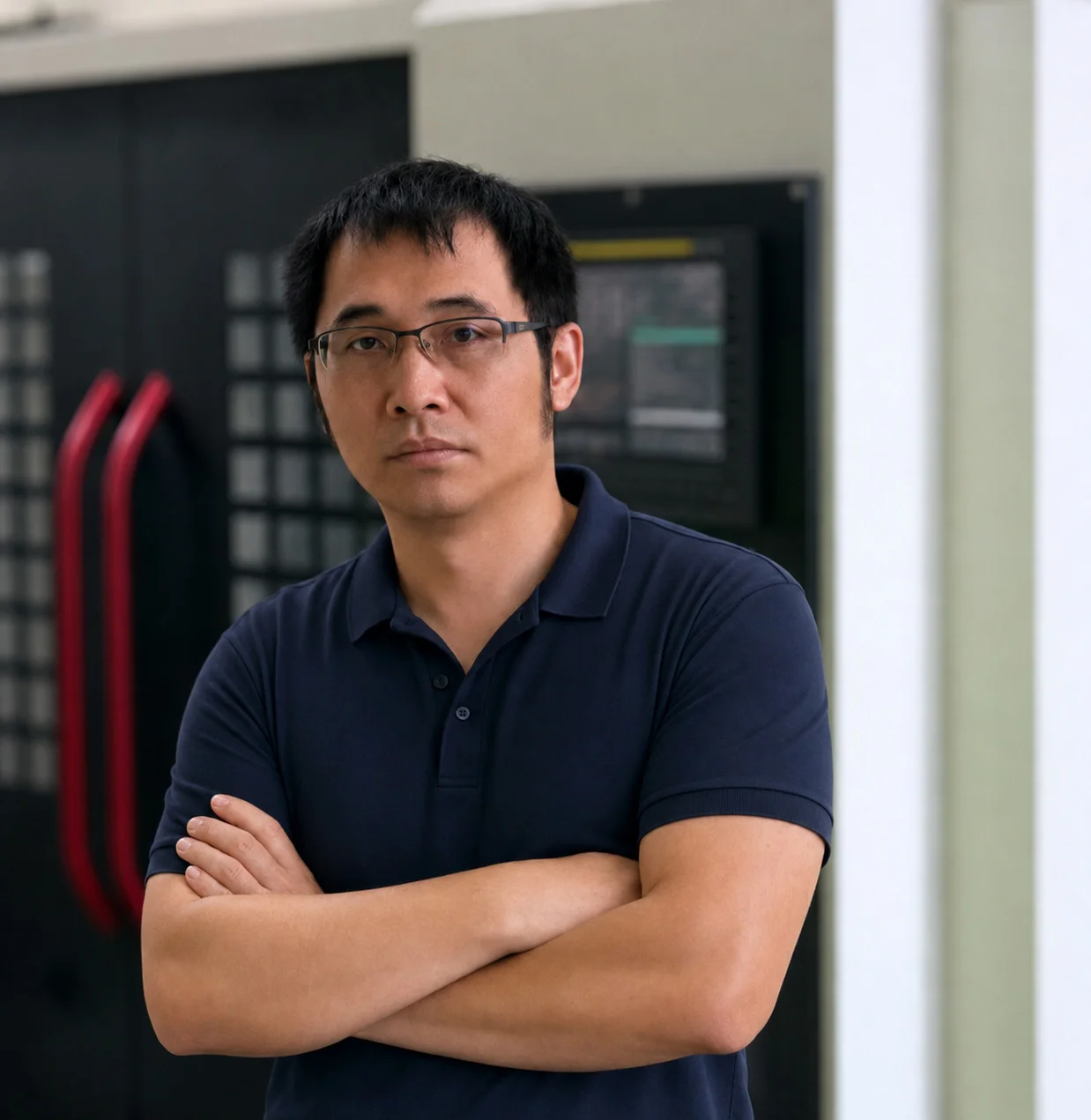 Kaiwen, Manufacturing Engineering Lead, beside a machining centre.
