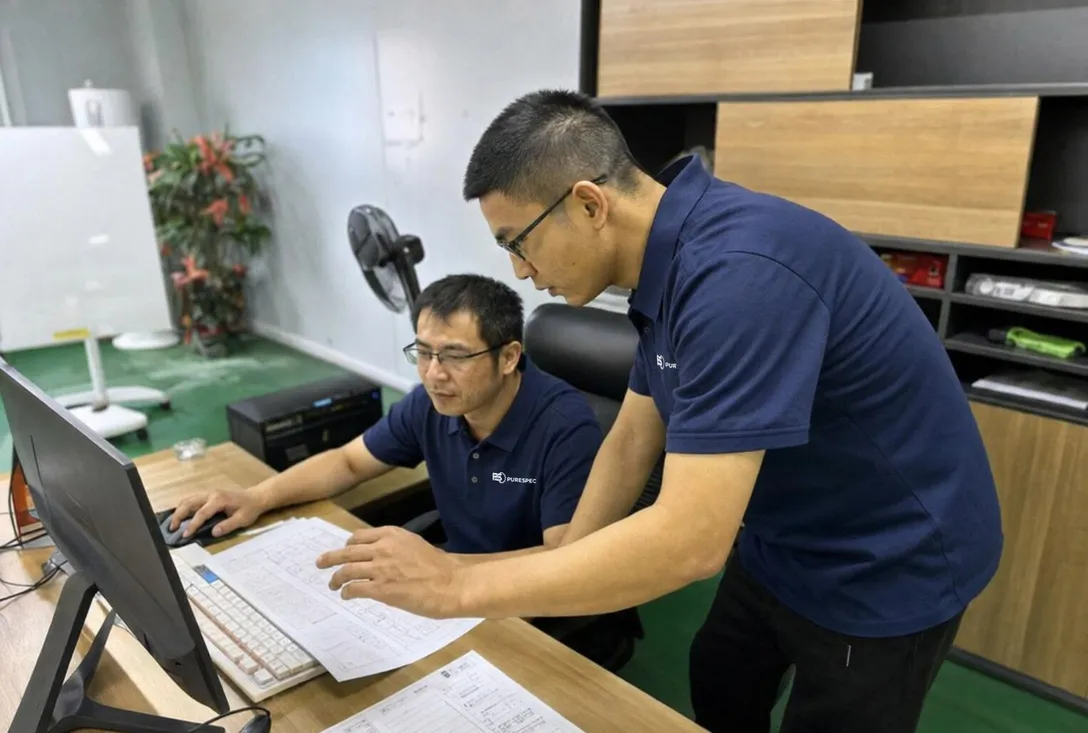 Two engineers checking material certificates and order documents at a workstation.