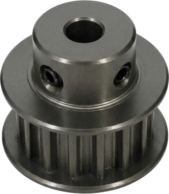 Natural hardcoat anodized aluminum timing pulley with a dark gray finish.