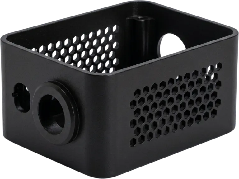 Black powder coated perforated sheet metal enclosure.