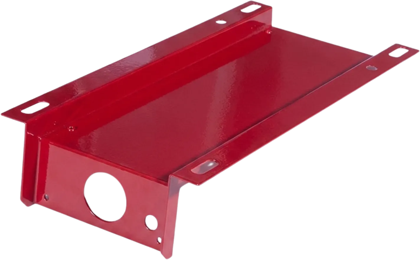 Red powder coated sheet metal channel bracket.