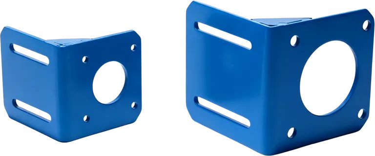 Pair of blue powder coated steel mounting brackets.