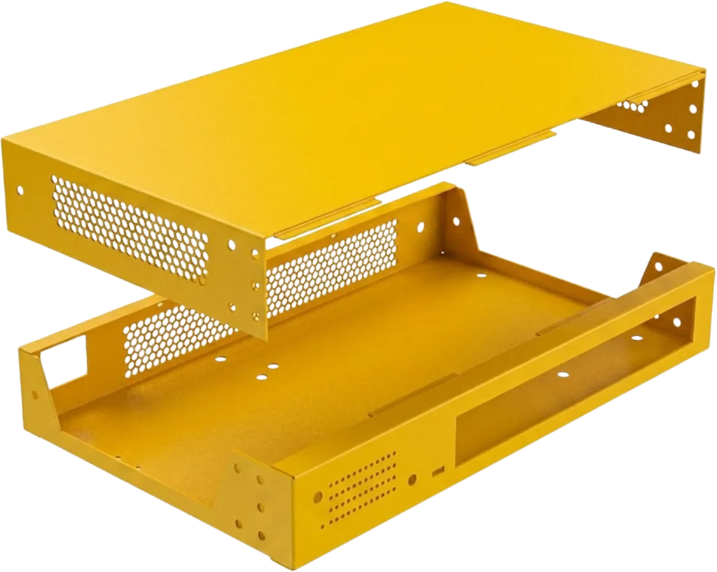 Powder coated yellow sheet metal enclosure shown as an upper and lower half.