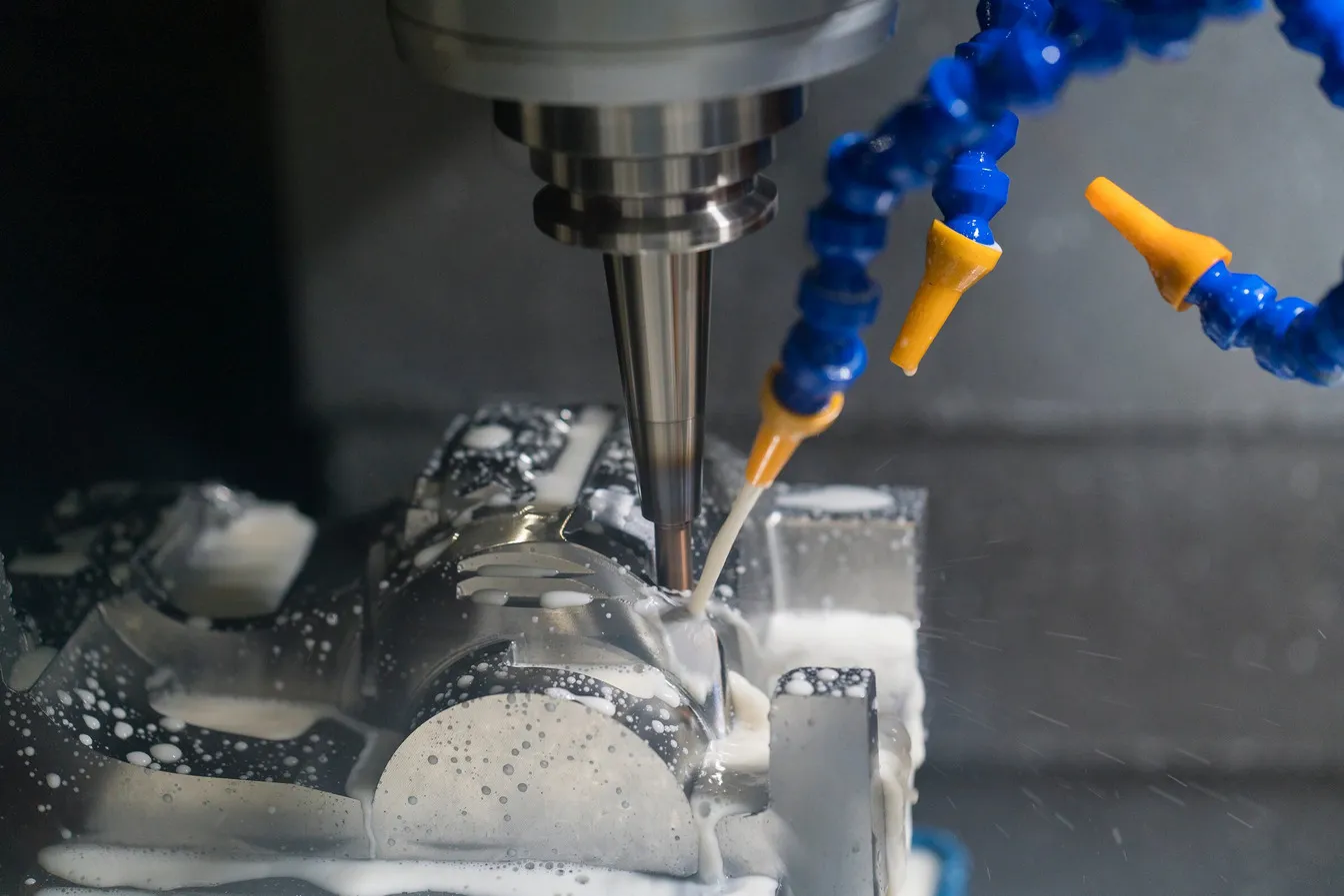 CNC machining operation with coolant flooding the cutting tool.