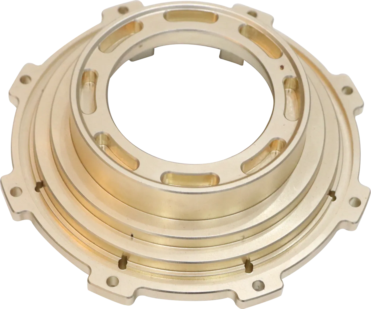 Large machined brass bearing and seal housing with concentric sealing lands and a bolt flange