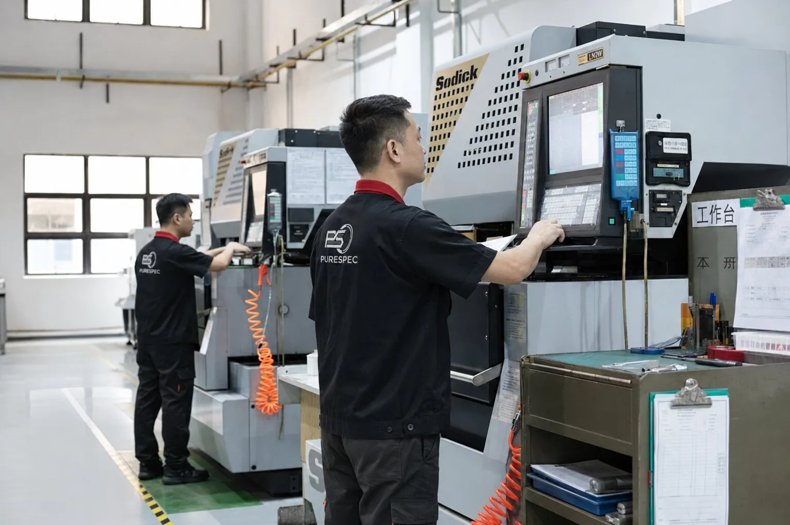 PURESPEC machinists working at a CNC machining centre in the Xiamen workshop.
