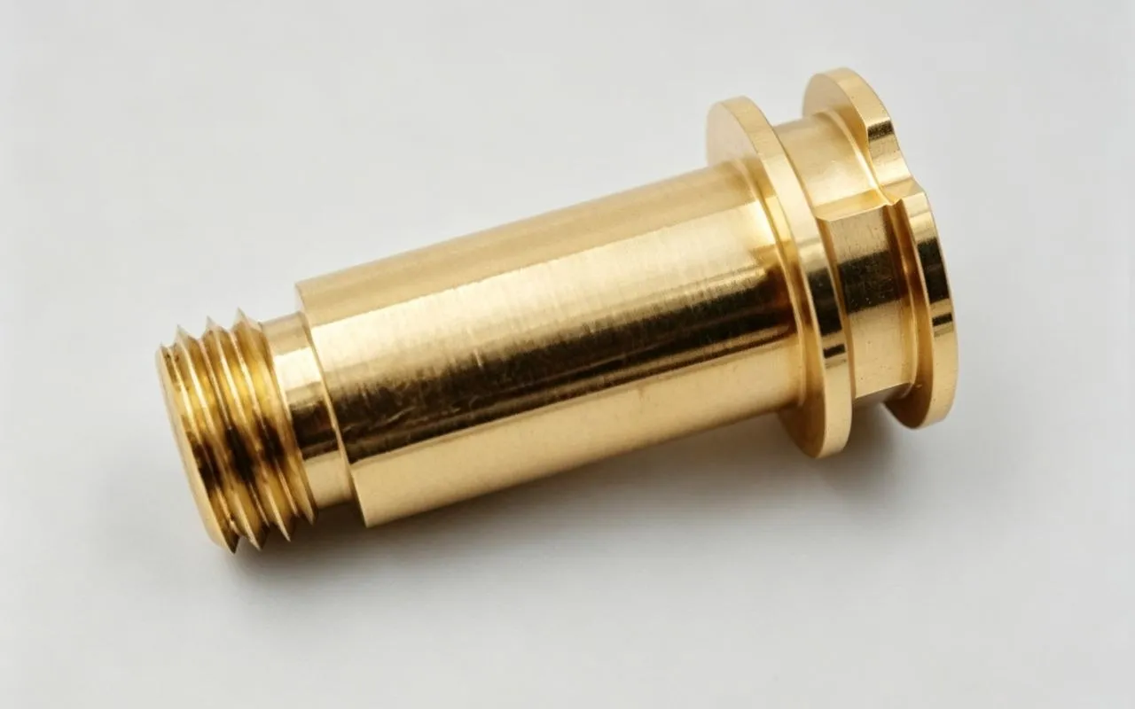 CNC turned brass valve component with threaded and stepped profiles.