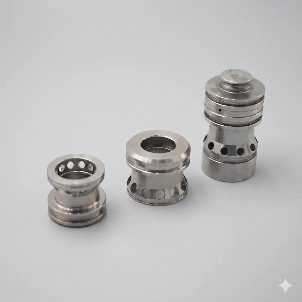 CNC turned stainless steel valve components with controlled sealing features.