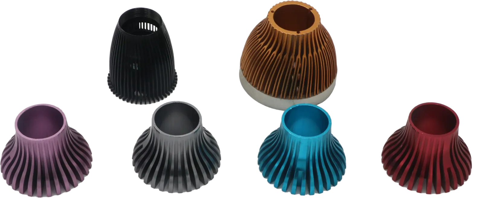 Set of radial-fin machined aluminum lamp heat sinks anodized in purple, black, copper and cyan