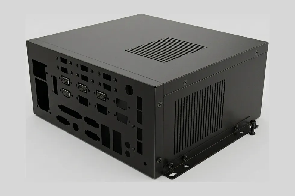 Custom black sheet metal enclosure for an industrial electronic housing.