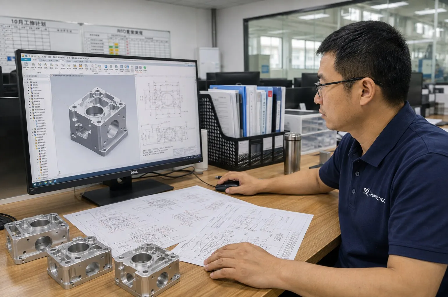 A PURESPEC engineer reviewing a part drawing at a CAD workstation.