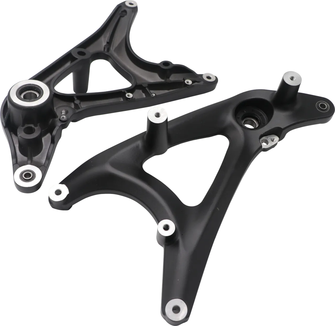 Pair of black anodized five-axis machined aluminum linkage arms with fitted bearing races